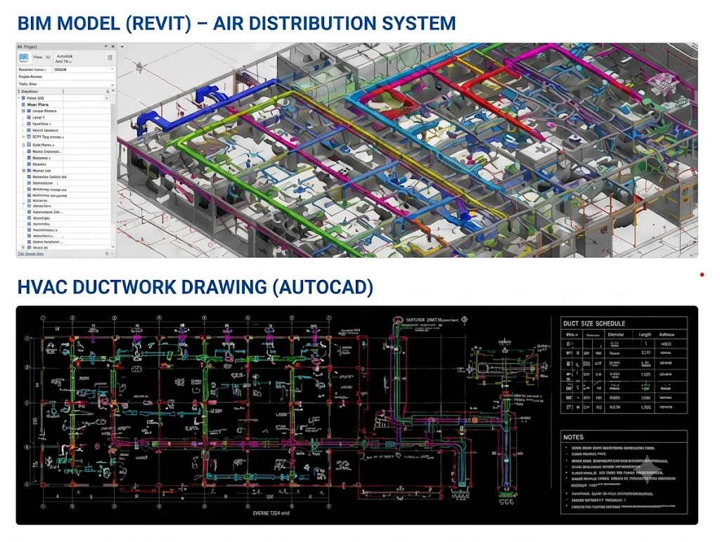 BIM Revit model and AutoCAD ductwork drawing for air distribution